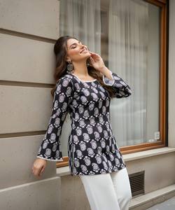 Kurti en coton imprimé fantaisie, à séchage rapide, style indien, pour usage quotidien, prix de gros, vêtement ethnique, bleu marine - Product Image 5