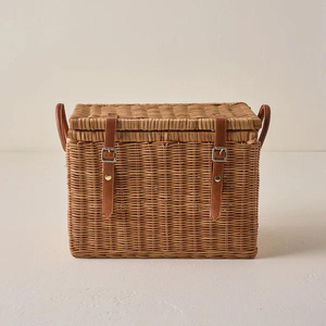 Boho Style Rectangle Rattan <b>Storage</b> <b>Trunk</b> with Leather Handles Large Handwoven <b>Wicker</b> Chest Organizer for Living Room - Product Image 2