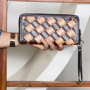 Top Sale Genuine Leather Checkered Pattern Clutch Zipper Pouch Luxury Wristlet Wallet ATM <b>Credit</b> <b>Card</b> <b>Holder</b> For Shopping - Product Image 4