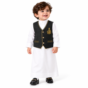 Boys White Thobe Black <b>Waistcoat</b> Set Gold Embroidery Islamic Ankle Length Thawb Jubba Kandura Arab Traditional Clothing Outfit - Product Image 1