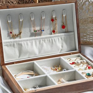 Polished Wooden Rectangle Jewelry Storage <b>Box</b> Velvet Lined Ring Necklace Display <b>Holder</b> for Gift Packaging - Product Image 2