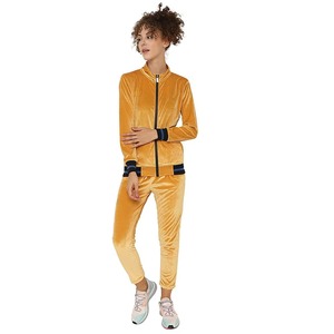 Conjunto deportivo de terciopelo de color personalizado para mujer, de 2 piezas, con sudadera con cremallera y pantalones, chándal de terciopelo transpirable para invierno - Product Image 1