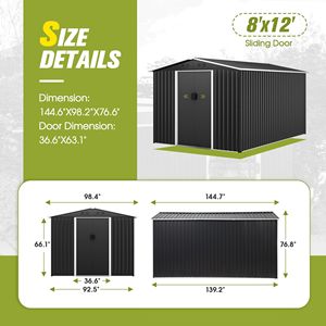 8X12 Ft metallo nero di carbonio casetta da giardino esterna portaoggetti scorrevoli chiudibili a chiave porta porta porta grande casa degli attrezzi per giardino Patio prato - Product Image 2