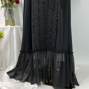 Abaya noire élégante pour femme avec appliques en Nida et ceinture, robe de modeste islamique en mousseline, mode Eid, abaya musulmane - Product Image 4