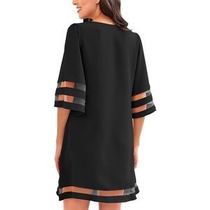 2025 vestido túnica informal elegante para mujer cuello redondo 3/4 manga de campana aberturas ganchillo suelto malla Panel linterna estilo hueco - Product Image 5