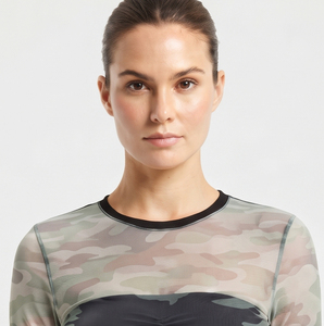 Women Camo Print Crop <b>Top</b> Short Sleeve O-Neck Sporty Mesh Knitted 100% Polyester Breathable See Through Sexy Crop <b>Top</b> Women's - Product Image 4
