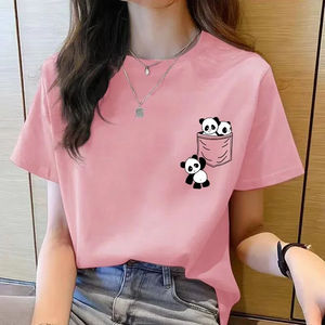 Camiseta de manga corta para mujer, novedad de verano, con bolsillo, estampado de panda de dibujos animados, estilo coreano, holgada, con cuello redondo - Product Image 3