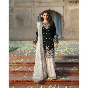 Conjunto de Top y Plazzo para mujer de diseñador con Dupatta con Moti Work remachado - Product Image 1