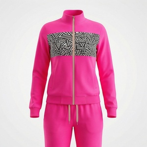 Ensemble de survêtement sportif rose pour femmes, 2 pièces, tricoté, avec imprimé géométrique, fermeture éclair intégrale, col montant, manches longues, coupe régulière, toutes saisons - Product Image 1
