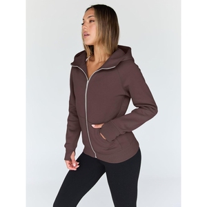 Women Hooded Zip-Up Sweatshirt Solid <b>Brown</b> Full Sleeve Knitted Cotton Breathable Casual Autumn Wear - Product Image 4