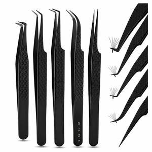 Lot de 5 pinces à cils noires en acier inoxydable, à pointe incurvée et droite de précision, pour extensions de cils, volume et isolation, outils de beauté - Product Image 1