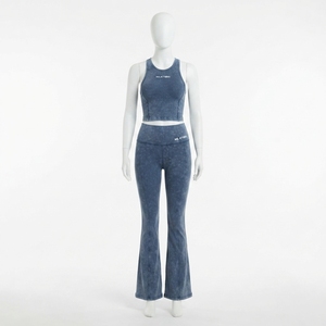 Women <b>Blue</b> Acid Wash Yoga Set Tank <b>Crop</b> <b>Top</b> High Waist Flare Leggings Gym Fitness Workout Activewear - Product Image 1
