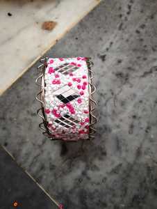 Handmade Embroidered Hinged Cuff Bracelet with Shell Beads and Gold <b>Mirror</b> Boho Fashion Jewelry - Product Image 5