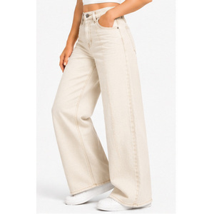 Jean en denim taille haute à jambe droite pour femme avec passants de ceinture inclinés - Ecru naturel - Product Image 2