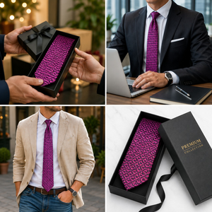 Corbata de Hombre con Patrón Geométrico Magenta de Lujo, Corbata Tejida Premium |   Ropa Formal para Bodas, Oficina, Fiestas, Regalo, Atuendo Elegante para Negocios - Product Image 5