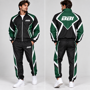 Conjunto deportivo personalizado para hombre en negro, marrón, dorado y blanco, con paneles geométricos, chaqueta cortavientos con cuello tipo túnel y pantalones deportivos con puños a juego. - Product Image 5