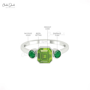 แหวนแต่งงานทองคำแท้ 14K ประดับเพอริดอตและมรกตสามเม็ด ดีไซน์หรูหรา น้ำหนักรวม 1.75 กะรัต รูปทรงสี่เหลี่ยมแปดเหลี่ยม ขายส่ง - Product Image 5