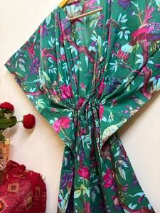 Women Floral Bird Print Cotton <b>Kaftan</b> Dress | Boho <b>Beach</b> Cover-Up Resort Wear V-neck Batwing Sleeves Maxi Eco-Friendly Handmade - Product Image 6