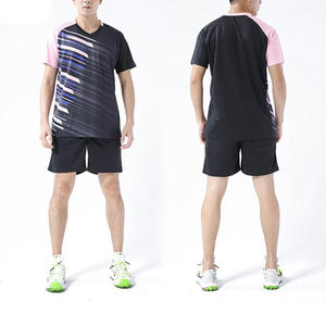 Conjunto de Uniforme de Voleibol Sublimado con Cuello en V para Hombre, Estampado Geométrico Negro y Rosa, Absorbe la Humedad, Manga Corta, Ropa Deportiva de Verano - Product Image 1