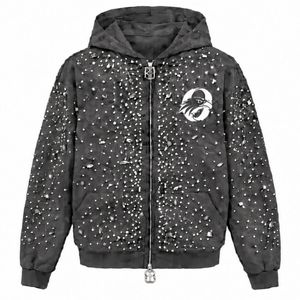Sweat-shirt à capuche gris anthracite perlé avec fermeture éclair, orné de perles, style streetwear, manches longues, avec poches avant - Product Image 1