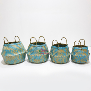 Paniers de rangement en feuilles de palmier naturelles bleues avec poignées, style art populaire, forme de bol multi-usages - Product Image 2