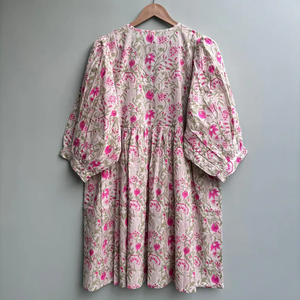 เดรสลำลองผู้หญิง ผ้าทอ 100% คอตตอน ลายพิมพ์ดอกไม้/สีพื้น แขนสั้น เอวทรงเอ็มไพร์ ทรงเบบี้ดอลล์ โอเวอร์ไซส์ คอวี ทรงหลวม - Product Image 5