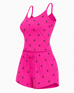 Ensemble 2 pièces tricoté pour femme, haut court et short brodés fraises, décontracté, printemps-été, rose - Product Image 2
