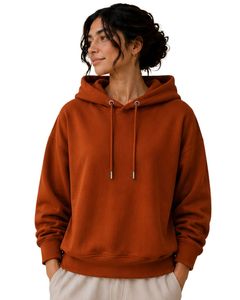 เสื้อฮู้ดดี้โอเวอร์ไซส์สีน้ำตาลสนิมสำหรับผู้หญิง ผ้าฝ้ายฟลีซเรียบง่าย สวมหัว มีฮู้ด สไตล์มินิมอลลำลอง สตรีทแวร์ ทรงหลวมไหล่ตก - Product Image 1