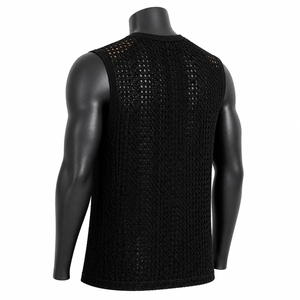Wholesale <b>Men's</b> <b>Black</b> Knitted Sleeveless Tank Top Crew Neck Hollow Out Dot Pattern Breathable Casual Wear - Product Image 4