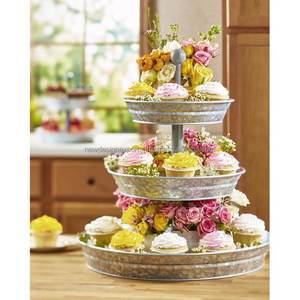 Support de cuisine vertical rustique à 3 niveaux de qualité supérieure rond plateaux de rangement en métal galvanisé 3D bois marbre matériel gâteau de mariage - Product Image 3