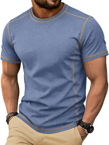 Camiseta de Manga Corta para Hombre, Cuello Redondo, Color Gris, Corte Ajustado, Ribete en Contraste, Estilo Casual, Tejido de Punto, Color Sólido - Product Image 6