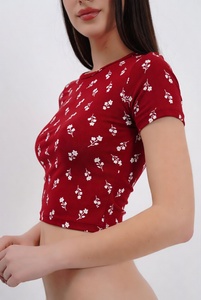T-shirt court à imprimé floral pour femme, manches courtes, col rond, coupe ajustée, décontracté, été, respirant, en coton tricoté - Product Image 4