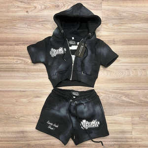 Ensemble de survêtements personnalisés à fermeture éclair, style déchiré, avec patchs et délavage acide, comprenant un sweat à capuche et un pantalon de survêtement, ou un short de survêtement, pour hommes et femmes - Product Image 3