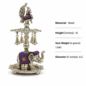 Support de Diya en Métal Poli Argenté, Motif Éléphant et Paon, Artisanat Traditionnel Indien, Pièce Maîtresse d'Autel de Pooja pour Table - Product Image 5