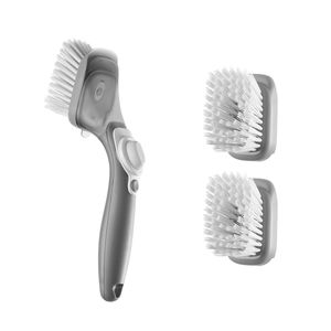 Spazzola per pentole con 3 testine, manico in PP e setole curve per la pulizia della cucina - Product Image 1