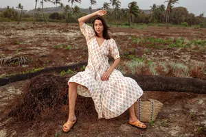 Newest Hand Block Printed 100% Cotton Wrap <b>Dress</b> for Women <b>Summer</b> <b>Boho</b> Floral Ladies <b>Dress</b> Sustainable Handmade V- Neck <b>Dress</b> - Product Image 6