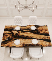 Table à manger moderne en bois massif avec bord naturel et résine époxy, style ferme, pour villa ou hôtel, avec pieds en métal doré, rectangulaire, faite à la main, personnalisable, 6 places