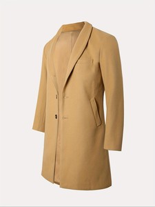 Manteau en laine pour homme à simple boutonnage, revers cranté, long, épais, coupe ajustée, noir, style trench, manches classiques, en tissu tissé - Product Image 4