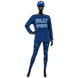 Ensemble haut de gamme pour femmes : t-shirt en coton 200 GSM et legging extensible bleu marine avec logo brodé et impression par sublimation - Product Image 6