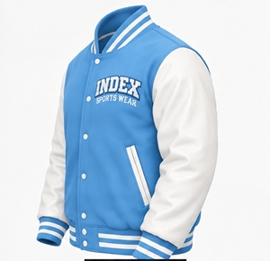 Chaqueta Varsity Azul para Hombre, Marca Index, con Mangas Blancas, Logotipo Bordado, Cuello Camisero, Cierre de Botones, para Otoño - Product Image 4