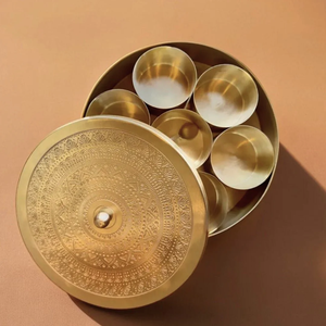 Brass Spice <b>Box</b> With 5 Cups Gold Finish Embossed Lid <b>Herb</b> & Spice Storage Container At Lowest Price - Product Image 1