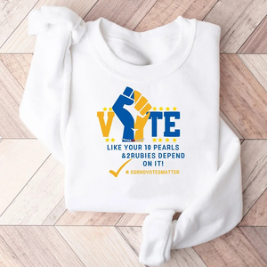 Sudadera blanca con estampado gráfico de la hermandad griega ΣΓΡ VOTE para mujer, cuello redondo, manga larga, estilo pullover, ropa universitaria personalizada - Product Image 1