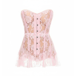 คอร์เซ็ททรงโอเวอร์บัสต์พรีเมียม โครงเหล็กเสริม ผ้าลูกไม้สีชมพู ขายดีที่สุด ปรับได้ ไม่มีสายรัด เหมาะสำหรับงานปาร์ตี้ จากผู้ขายคอร์เซ็ทชั้นนำ - Product Image 1