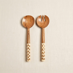Handcrafted Acacia Wood <b>Salad</b> Server Set with Decorative Bone Inlay Handles Wooden Serving Utensils Wholesale Custom Logo - Product Image 1
