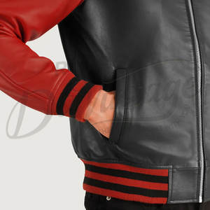 Chaqueta Bomber de Cuero Genuino Bicolor Negro y Rojo para Hombre con Cuello Camisero Clásico y Puños Acanalados a Rayas - Product Image 4