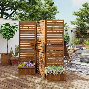 Fioriera Rialzata a 4 Scomparti con Pannello in Legno e Traliccio 62.5"x19"x66" in Legno Naturale per Giardino - Product Image 2