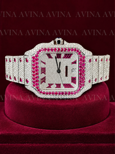 Reloj de Lujo con Diamantes de Moissanita Rosa Rubí para Mujer, Estilo Hip Hop, Completamente Cubierto de Diamantes, Esfera Cuadrada con Números Romanos, Correa de Acero Inoxidable - Product Image 3