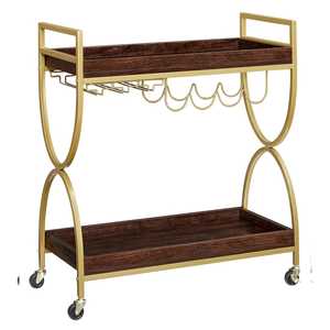 Luxury Gold 2-Tier Bar Cart Modern Geometric <b>Frame</b> Rolling Serving Trolley with Wine Rack and Glass Holder for Home Decor - Product Image 1
