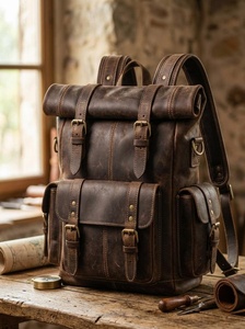 Genuine Leather <b>Roll</b> Top <b>Backpack</b> Waterproof Mens Laptop Bag Large Capacity Vintage Travel Rucksack Daypack 110 LRTB-0101 - Product Image 2