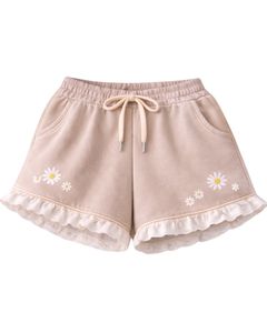 Ensemble crop top et short beige pour femme, broderie marguerite, ourlet à volants, tenue décontractée deux pièces en molleton de coton, fabricant en gros - Product Image 5